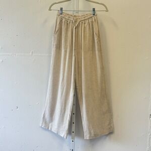 HERSY Beige Linen Blend Wide Leg Drawstring Pants HSET0008 Small Summer Relaxed